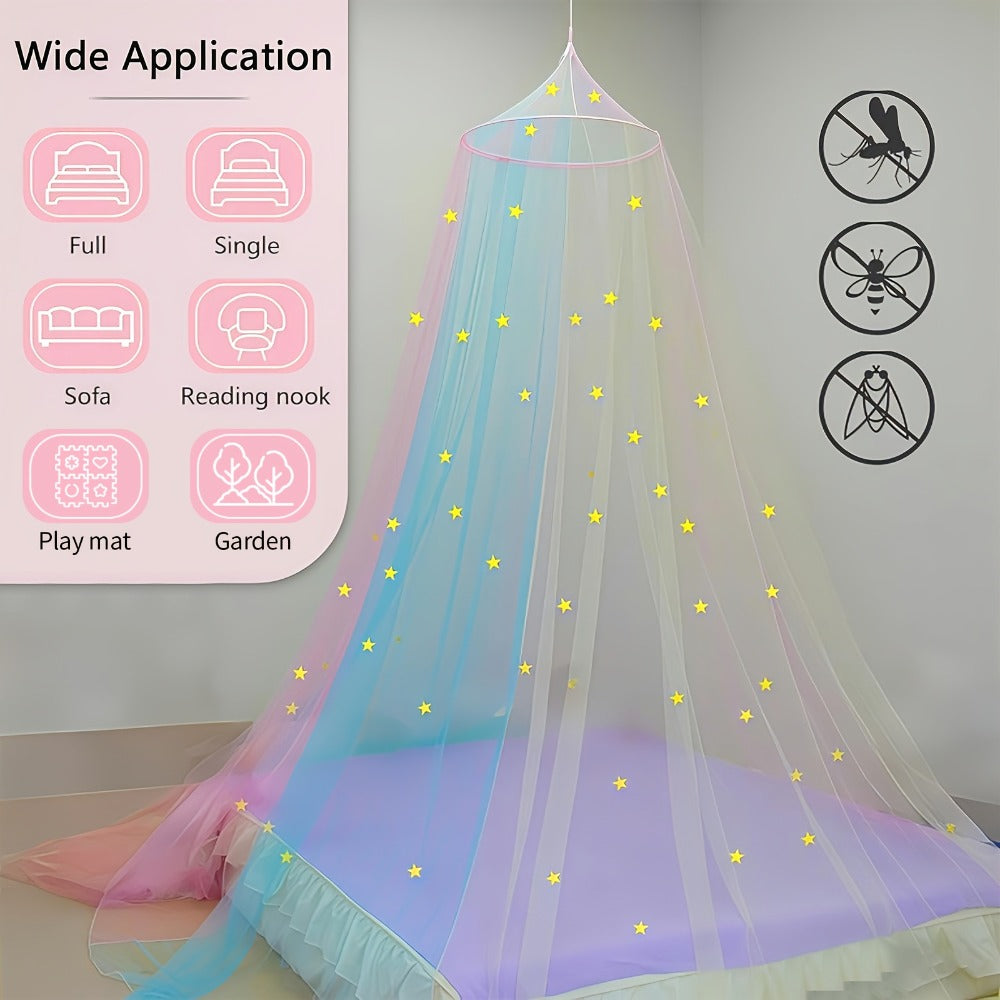Bed Canopy for Girls Princess Rainbow Glow in the Dark Stars Colorful Canopy Curtain Fits Single Full Queen Size Bed Kids Room Decor Ceiling Tent Netting Machine Washable
