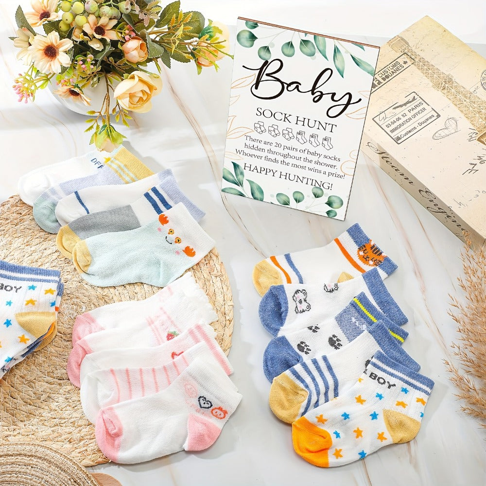 Baby Shower Sock Hunt Game Set 20 Pairs Cotton Socks with Wooden Table Sign Gender Reveal Party Favor