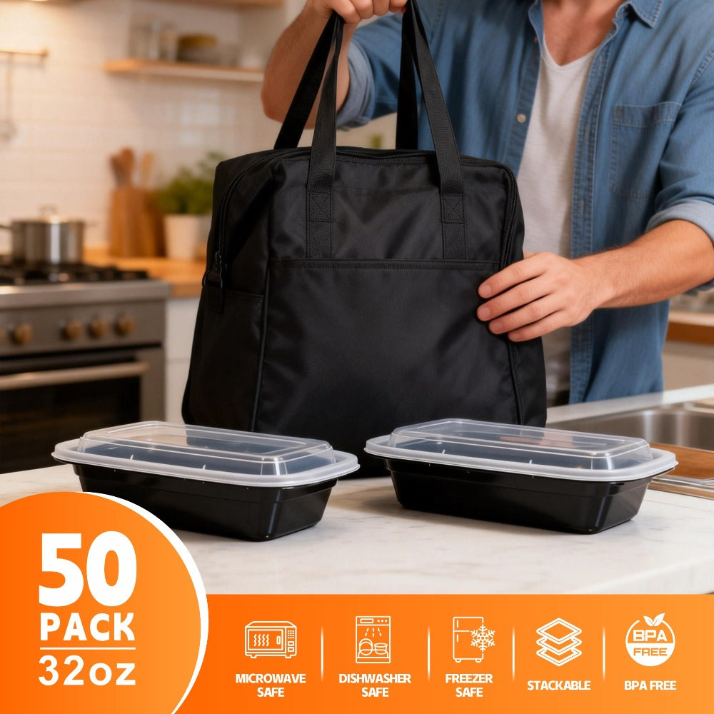Meal Prep Containers with Lids 50 Pack BPA Free ¨C 32oz & 38oz Stackable Disposable Plastic Food Storage Containers, Microwave Dishwasher Freezer Safe | Restaurant, Catering, Home Kitchen & Lunch Boxes