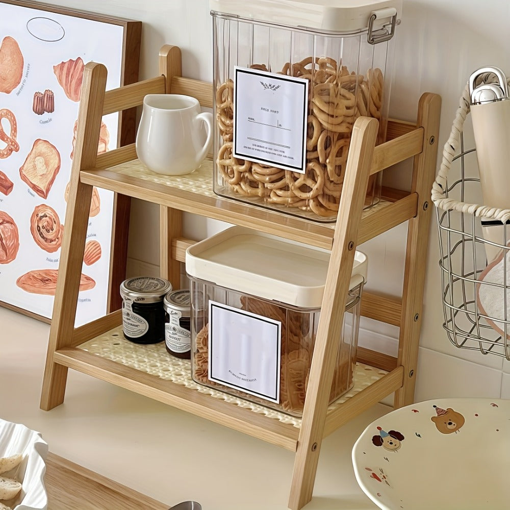 Bamboo Countertop Shelf Organizer 2-Tier - Trapezoidal Wooden Storage Rack for Kitchen Office Bedroom and Desk, Space Saving Riser Shelf for Coffee Cups Books Plants and Everyday Items, Available in Medium, Large or 2 Piece Set