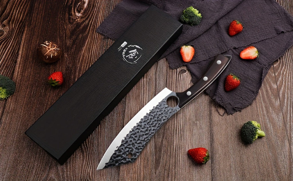 Butcher Knife 8 Inch Hand Forged High Carbon Steel Cleaver ¨C Meat & Vegetable Chopping Knife with Finger Hole, Wooden Handle