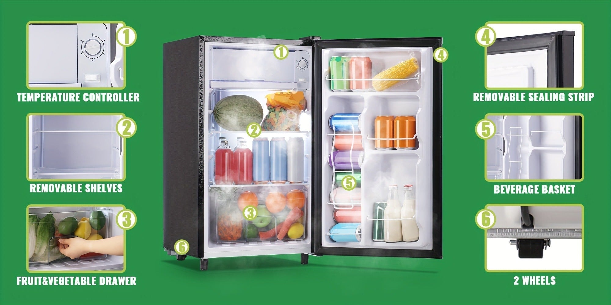 Compact Refrigerator, 3.2 Cu Ft Single Door Mini Fridge with 4-Layer Storage, Removable Shelves, Crisper Drawer & Adjustable Temperature ¨C Quiet Energy-Efficient Small Fridge for Dorm, Office, Apartment and Bedroom