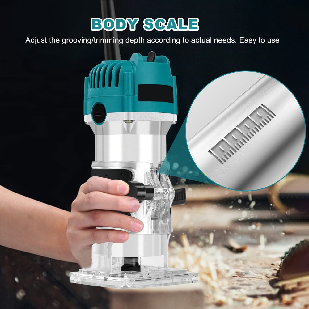 Wood Router Laminate Trimmer 800W Electric Hand Trimmer, 110V 30000 RPM Woodworking Router Tool for Slotting Trimming Carving Milling Engraving, ABS & Aluminum Alloy Body, Compact & Lightweight