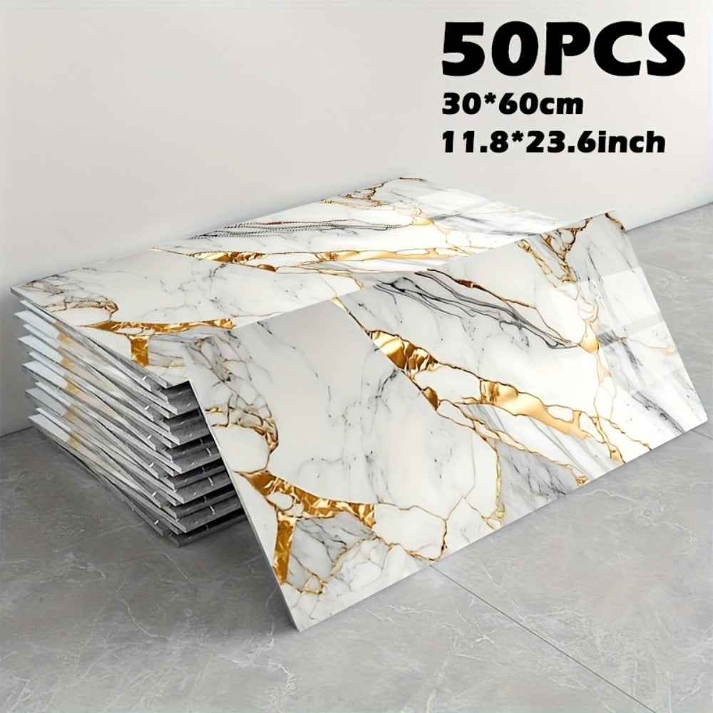 Peel and Stick Marble Tile Stickers ¨C Self Adhesive Foam Wall Tiles for Bathroom Kitchen Office Bohemian Home Decor (50/100pcs, White/Gray/Black/Blue Gold)