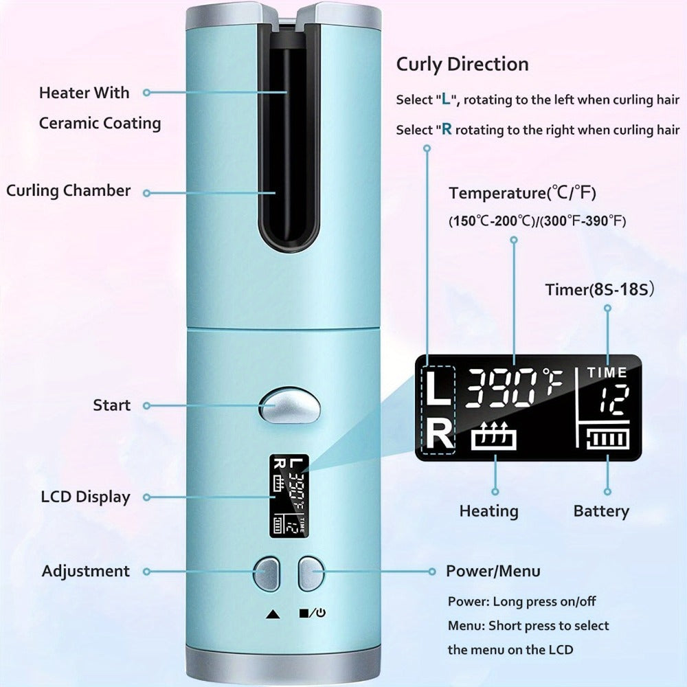 Cordless Curling Iron 1 Inch USB Rechargeable, Automatic Rotating Ceramic Curling Wand with 6 Heat Settings LCD Display, Scald-Free Detangle Hair Curler for All Hair Types Wet Dry Styling