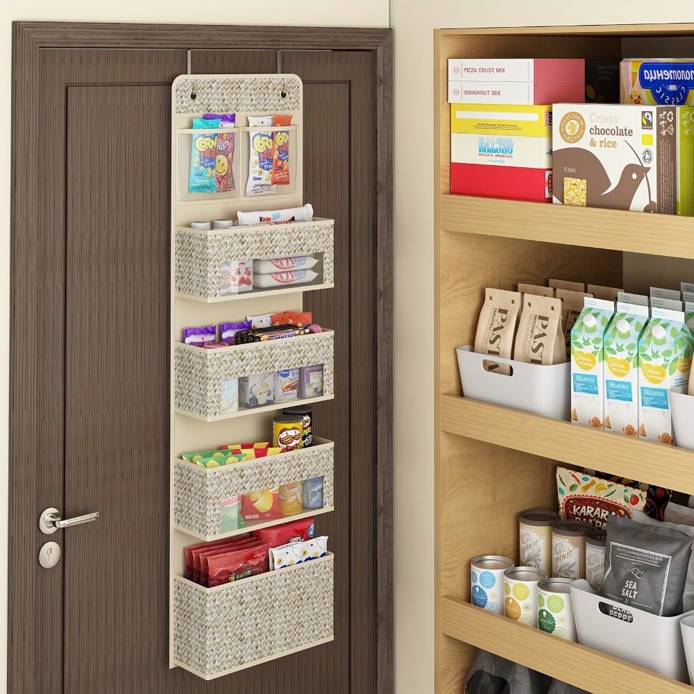 2-Pack Over-The-Door Hanging Organizer with 5 Shelves & 4 Clear Pockets ¨C Beige Rattan Storage Rack for Closet, Bedroom & Bathroom
