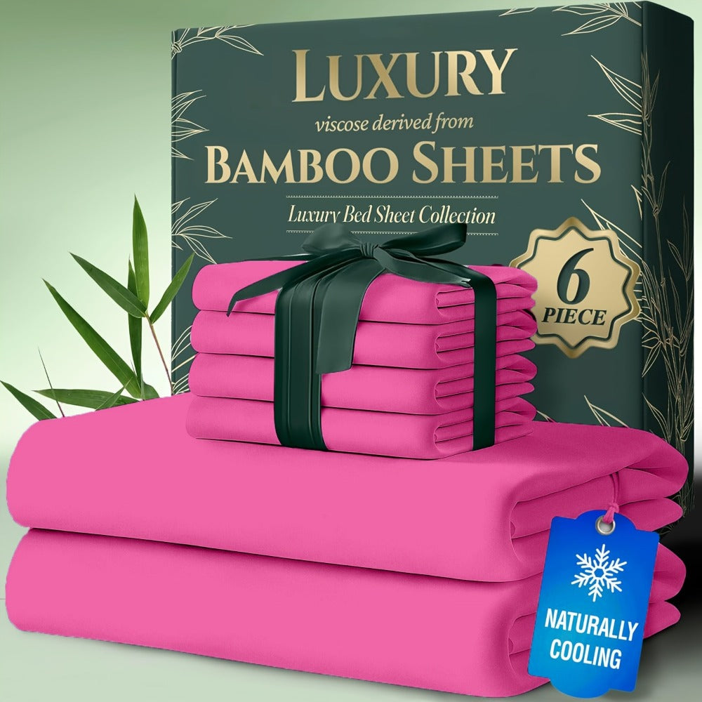 Cooling Bamboo Bed Sheet Set 6pcs Ultra Soft Deep Pocket 17 Inch Double Stitching Breathable Sheets for Hot Sleepers Twin Full Queen King