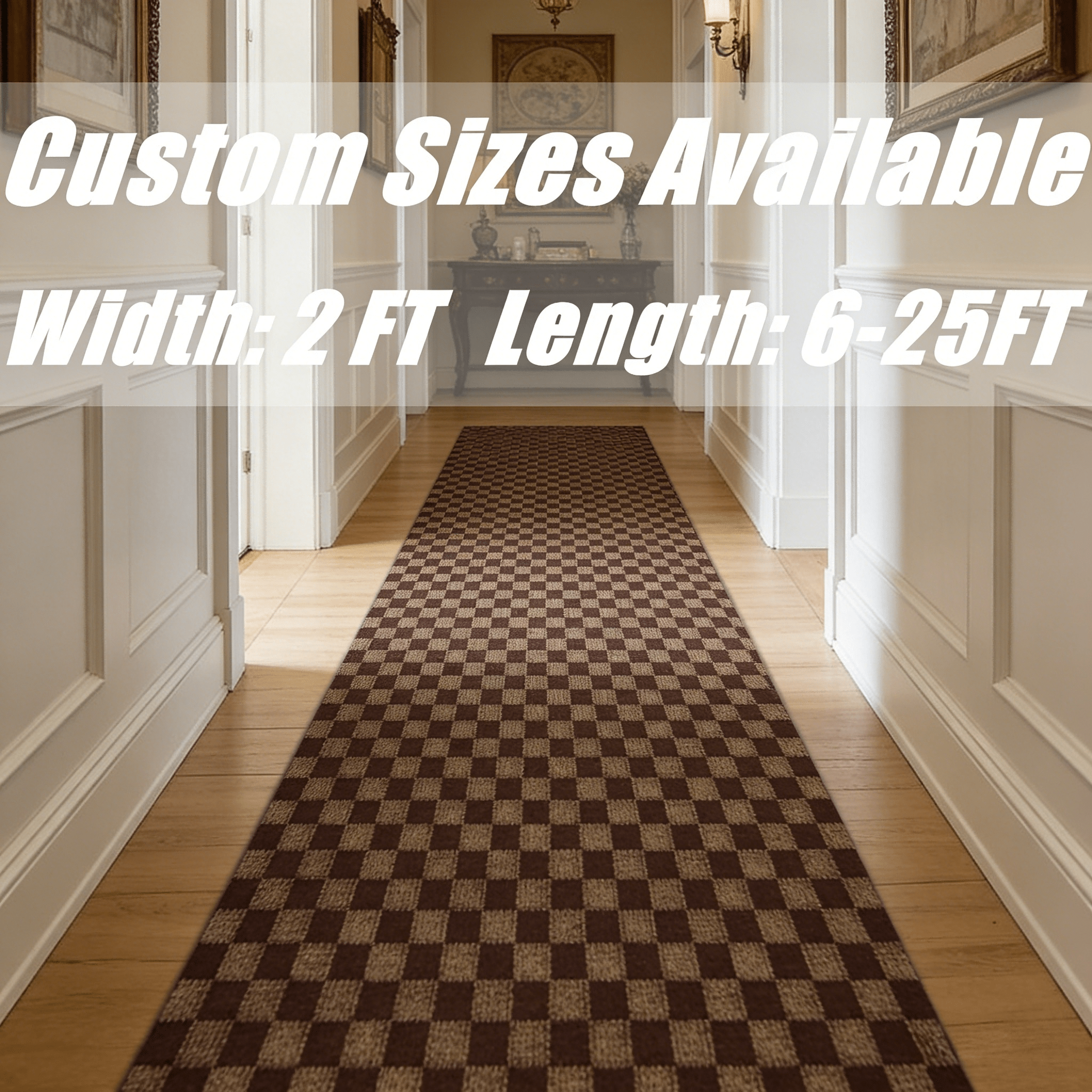 Runner Rug Non-Slip Rubber Backing Indoor Outdoor Hallway Kitchen Entryway Bedroom Carpet Runner Stain Resistant Low Pile Easy Clean Multiple Sizes 2FT Wide 8 Colors Grid Strip