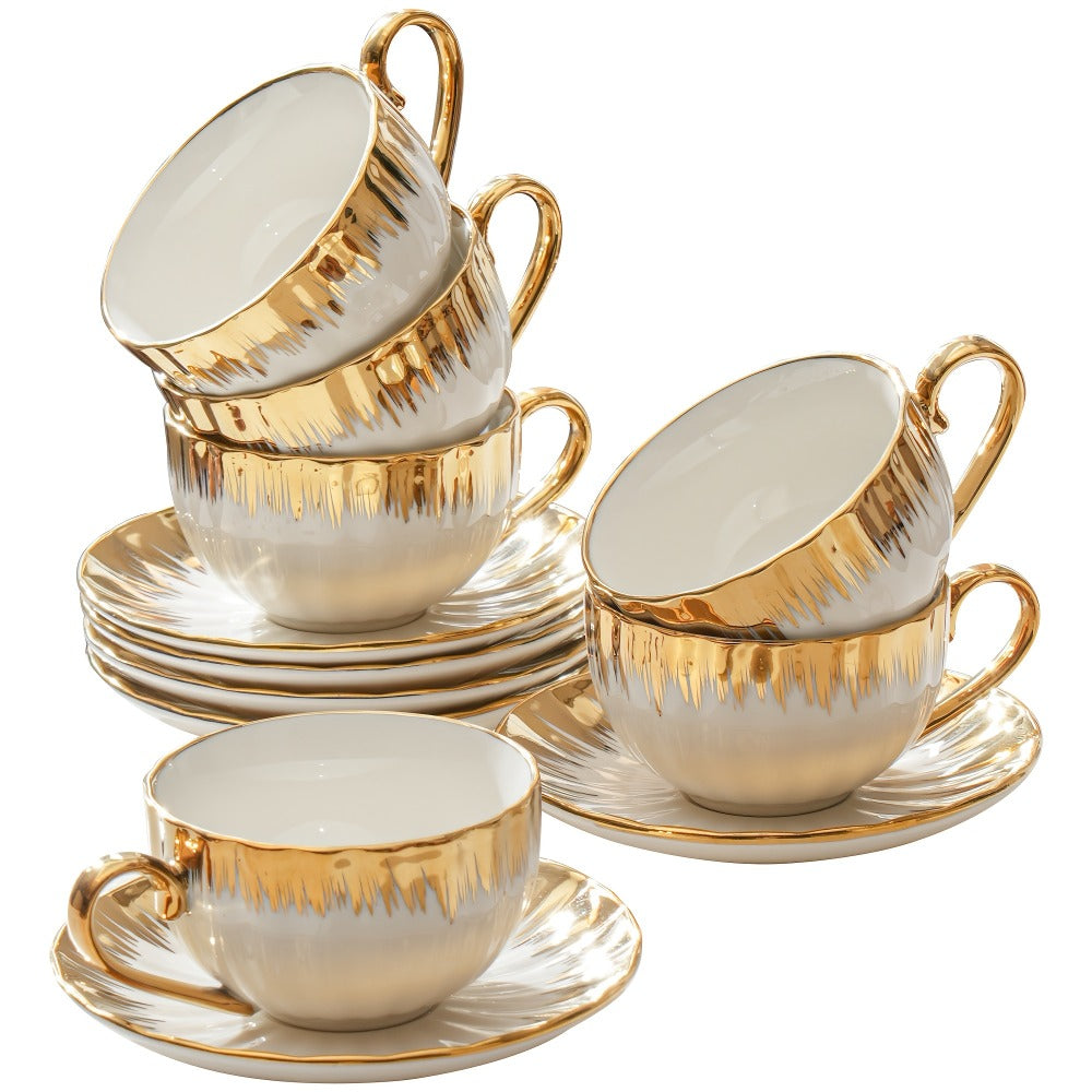 European Ceramic Coffee Cup and Saucer Set of 6 ¨C Light Luxury 8.45oz Porcelain Tea Cups with Plates | Elegant Floral Dinnerware for Wedding Mother's Day Holiday Gift