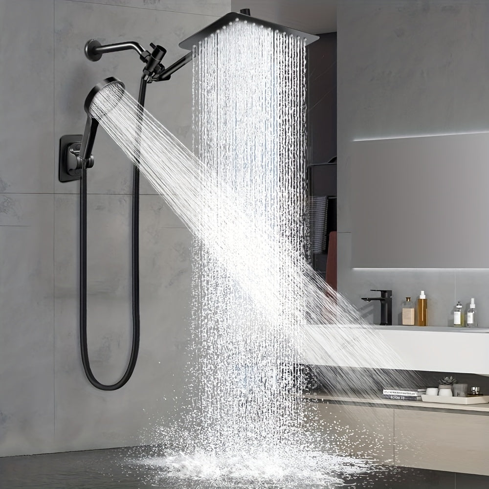 High Pressure Rainfall Shower Head Handheld Combo 4-Spray Modes 10 12 Inch Adjustable Extension Arm 78-Inch Hose Adhesive Holder Wall Mount Chrome Black Bathroom