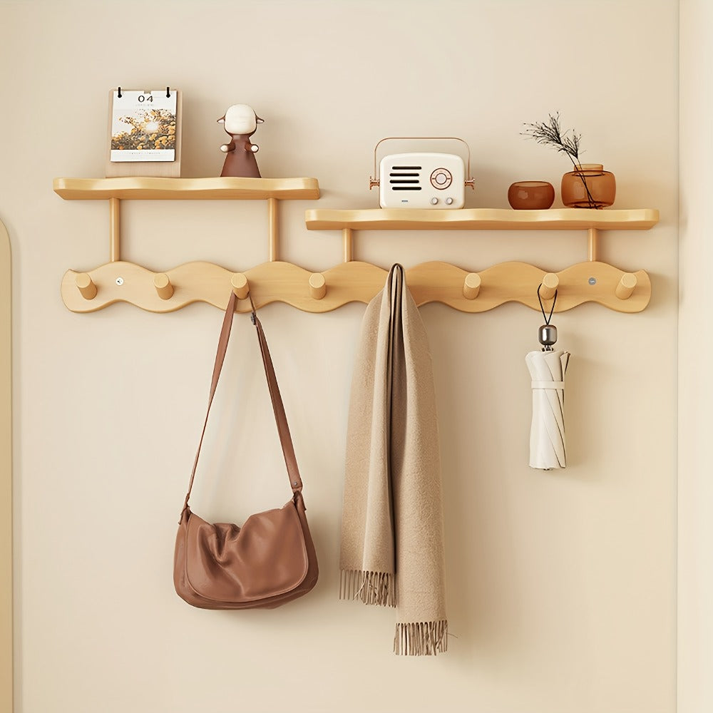 Bamboo Wall Mounted Coat Rack with 8 Hooks, Entryway Coat Hook Rack with Storage Shelf, Space Saving Hallway Organizer for Coats Hats Bags Keys, Modern Wooden Wall Hanger for Bedroom Entrance Living Room