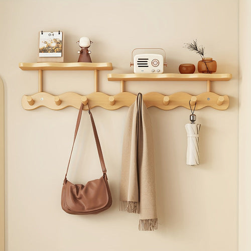 Bamboo Wall Mounted Coat Rack with 8 Hooks, Entryway Coat Hook Rack with Storage Shelf, Space Saving Hallway Organizer for Coats Hats Bags Keys, Modern Wooden Wall Hanger for Bedroom Entrance Living Room
