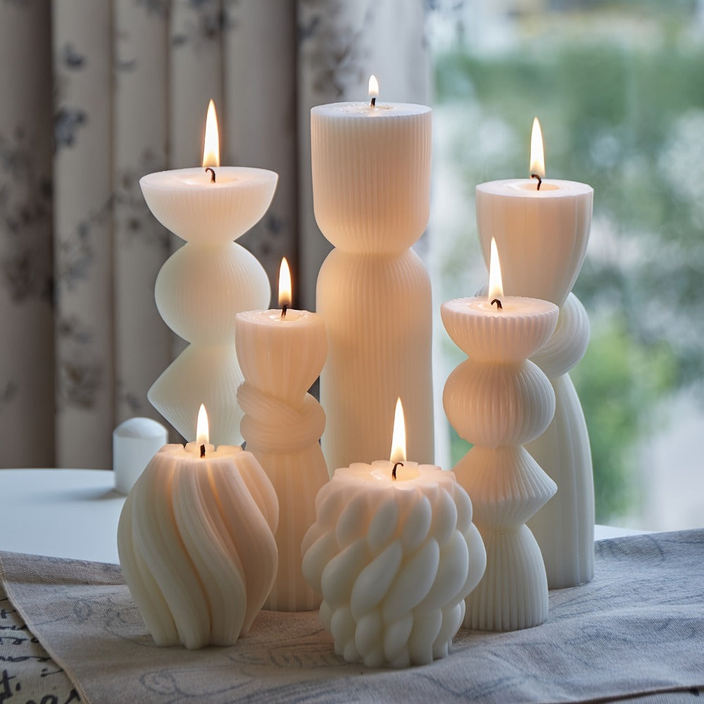 Ribbed Pillar Candles 7-Pack Large Soy Wax, Handmade Aesthetic Pillar Candle Set for Home Decor, Wedding Centerpiece, Shelf Decor, Dining Table & Housewarming Gift ¨C White, Black, Blue, Orange with Glitter