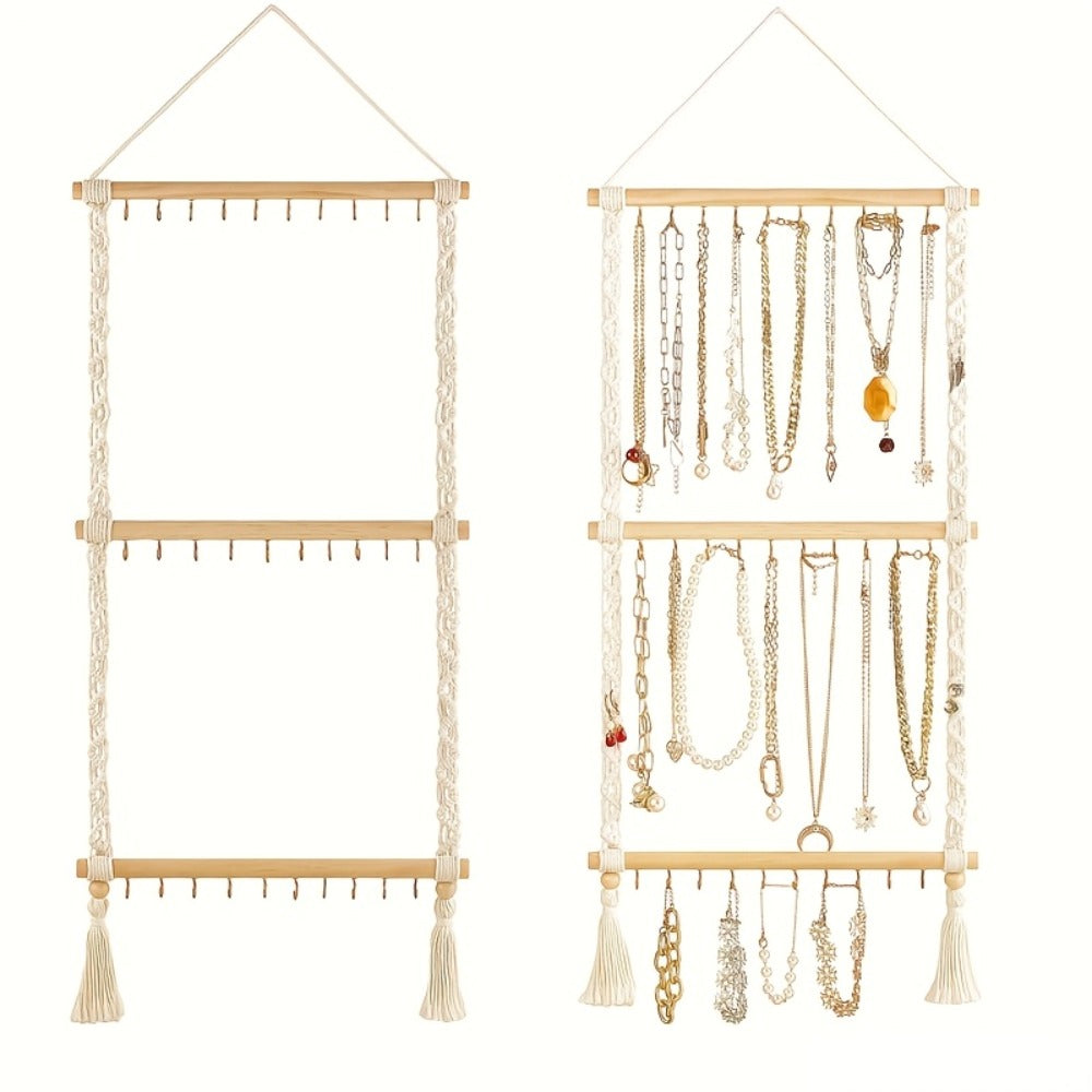 Boho Jewelry Organizer Wall Mount Hanging Rack Hand Woven Tassel Necklace Earring Bracelet Holder 30 Hooks Bedroom Decor Display Stand