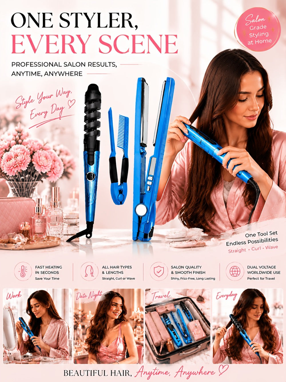 3-in-1 Hair Styling Set Flat Iron Curling Iron & Styling Comb, Anti-Scald Hair Straightener & Curler for Big Waves Straight Hair Curls, Professional Hair Tools Gift for Women, Mother's Day Birthday