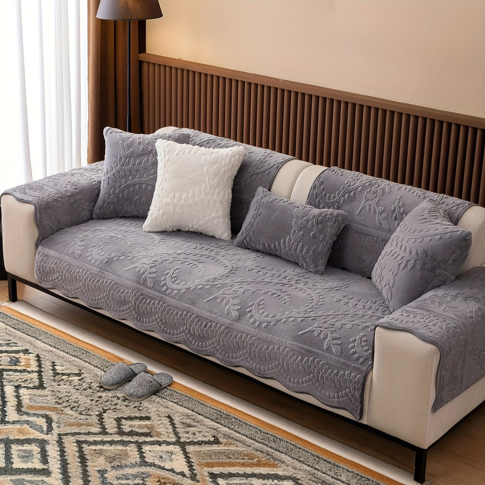 Faux Rabbit Fur Plush Sofa Cover Non-Slip | Thickened Quilted Couch Cushion, Machine Washable Pet Friendly, 1 to 4 Seat Armrest Backrest, White Light Grey Brown, Home Winter Decor