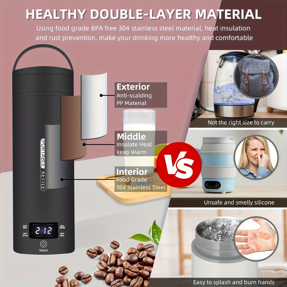 Travel Electric Kettle Mini Portable 304 Stainless Steel 4 Temperature Settings Auto Shut-Off Boil-Dry Protection BPA-Free Water Boiler for Tea Coffee White Black Pink