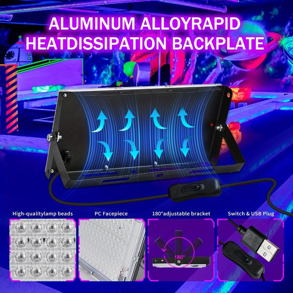 UV Black Light Flood Light 144 LED 385-400nm with USB Plug & Switch ¨C Glow in the Dark Effect for Halloween Party Stage Lighting Body Paint Neon Poster Blacklight, Durable Plastic, 4 Pack
