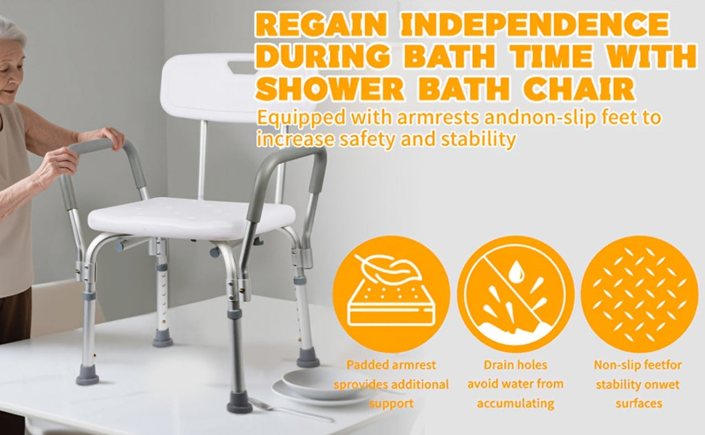 Shower Chair with Armrests & Backrest ¨C Height Adjustable Aluminum Bath Seat, 350 LBS Capacity, Non-Slip Rubber Feet, Cushioned Support for Elderly, Disabled & Post-Surgery, Fits Most Showers & Tubs