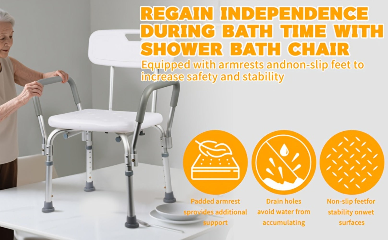 Shower Chair with Armrests & Backrest ¨C Height Adjustable Aluminum Bath Seat, 350 LBS Capacity, Non-Slip Rubber Feet, Cushioned Support for Elderly, Disabled & Post-Surgery, Fits Most Showers & Tubs