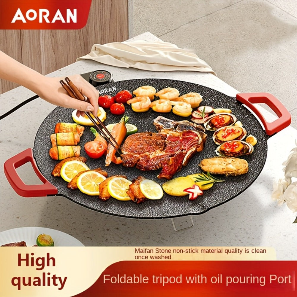 Korean BBQ Grill Pan ¨C Round Non-Stick Multi-Functional Electric Grill Pan with Red Handle & Adjustable Settings, Home & Outdoor BBQ Pot for Family Gatherings, Available in 14.17¡± & 15.75¡±