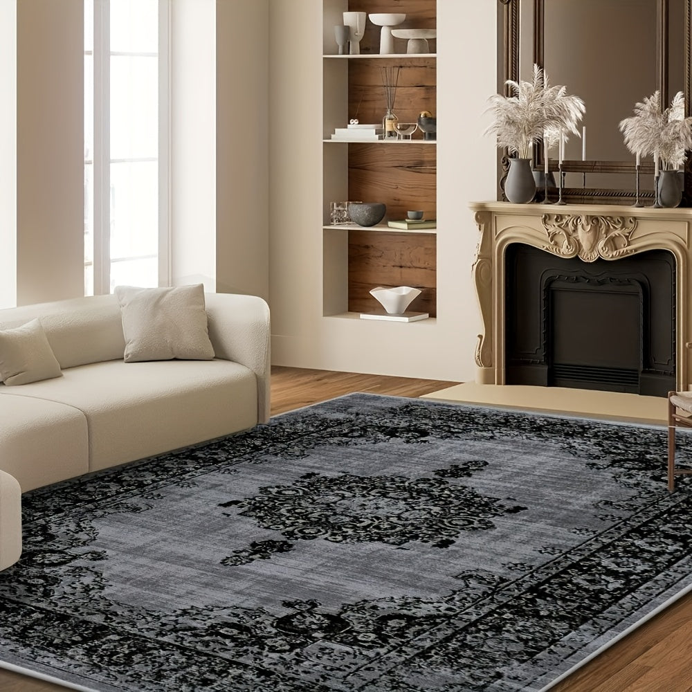 Velvet Floral Bohemian Area Rug - Low Pile Machine Washable Non-Slip Carpet for Living Room Bedroom Office Geometric Pattern