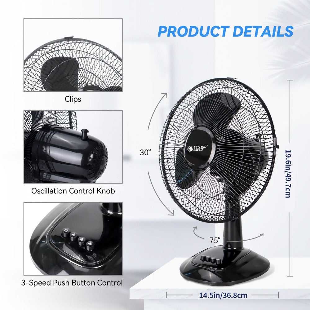 Oscillating Table Fan 12 Inch Quiet 3-Speed Adjustable Tilt with Safety Grill for Home Office Bedroom Dorm Desktop Personal Cooling Fan