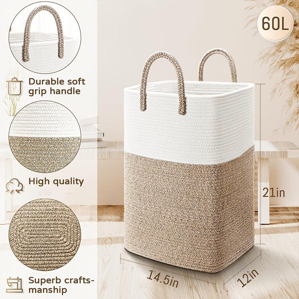 Woven Cotton Rope Laundry Basket Large Hamper with Handles for Bathroom Bedroom Living Room ¨C Jumbo Boho Storage Basket for Clothes Blankets Toys | 40L 60L 80L 100L
