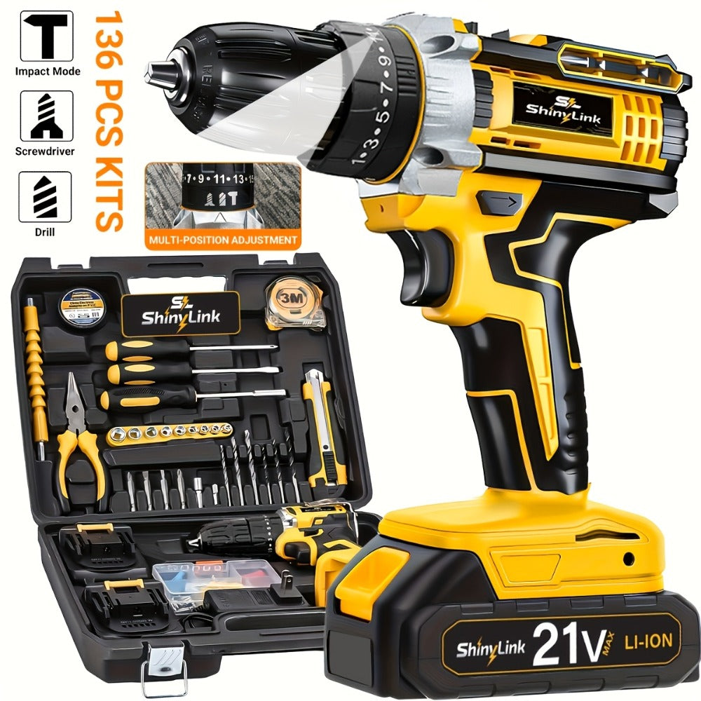21V Cordless Drill Set Electric Drill Driver Kit with Lithium Battery Screwdriver Bits Hand Tools Toolbox for Home Repair DIY 18 30 136 Piece Kit Gift for Men