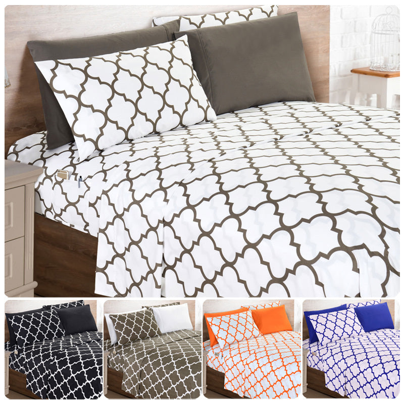 Bed Sheet Set 6-Piece Geometric Trellis, Ultra Soft Microfiber Sheets with 16-Inch Deep Pocket Fitted Sheet, Fade & Wrinkle Resistant, Machine Washable Hotel Quality Bedding for Twin Full Queen King