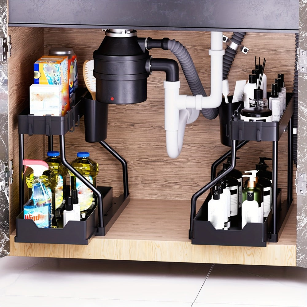 Under Sink Organizer 2pcs with Sliding Shelves ¨C Durable Pull-Out Cabinet Storage for Bathroom Kitchen Space Saving Vertical Design