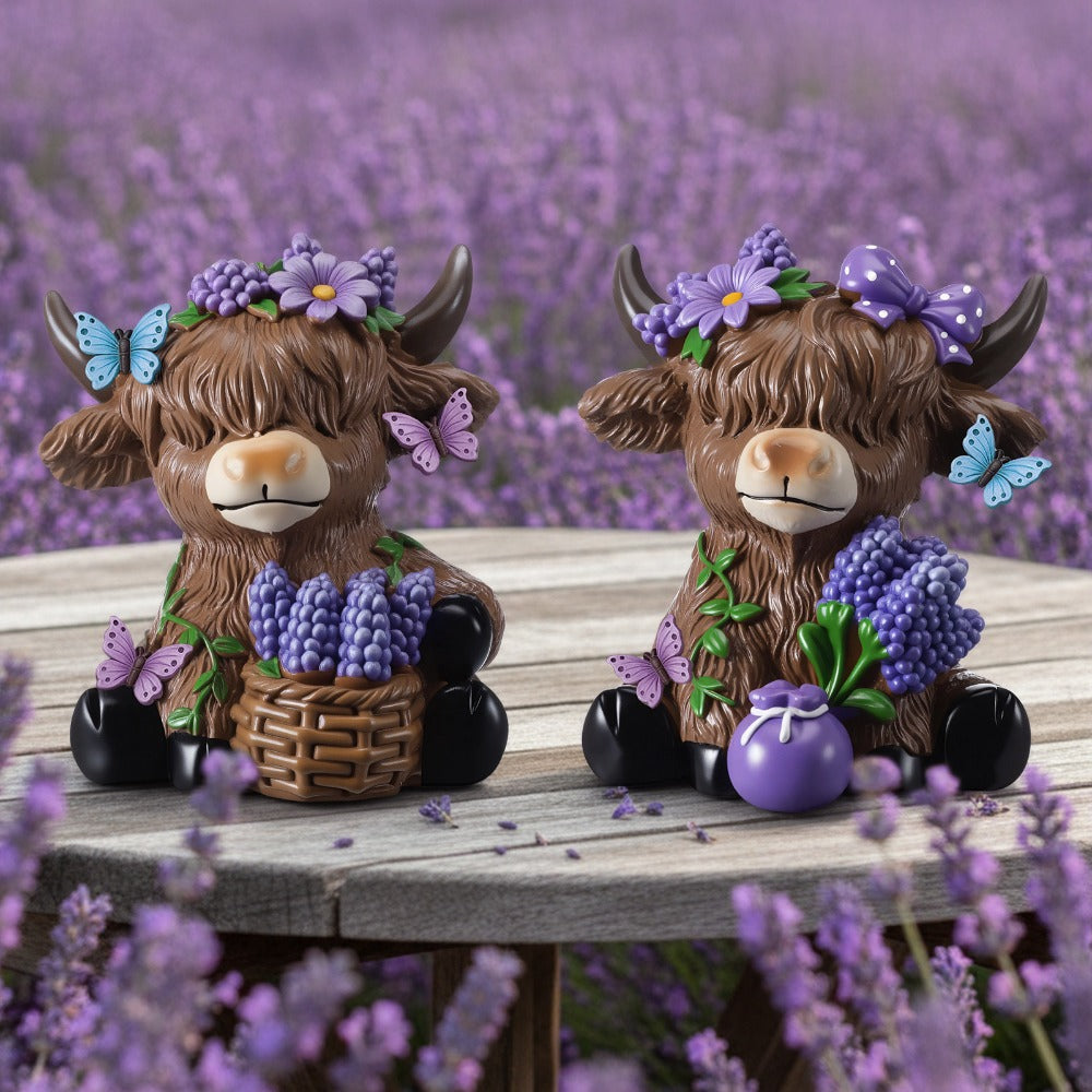 Scottish Highland Cow Figurines with Lavender - Resin Calf Statue Set of 2 for Home Garden Office Decor | Spring Table Centerpiece, Shelf Display & Housewarming Gift | Lavender-Themed Highland Cow Decor