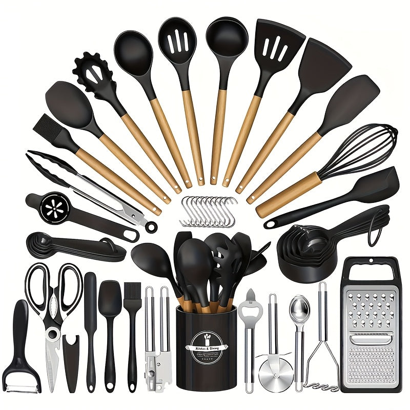 Silicone Kitchen Utensils Set 45pcs ¨C Cooking Utensils for Nonstick Cookware, Stainless Steel Handle Spatulas, Heat Resistant Kitchen Gadgets & Tools, Pots and Pans Accessories, Black