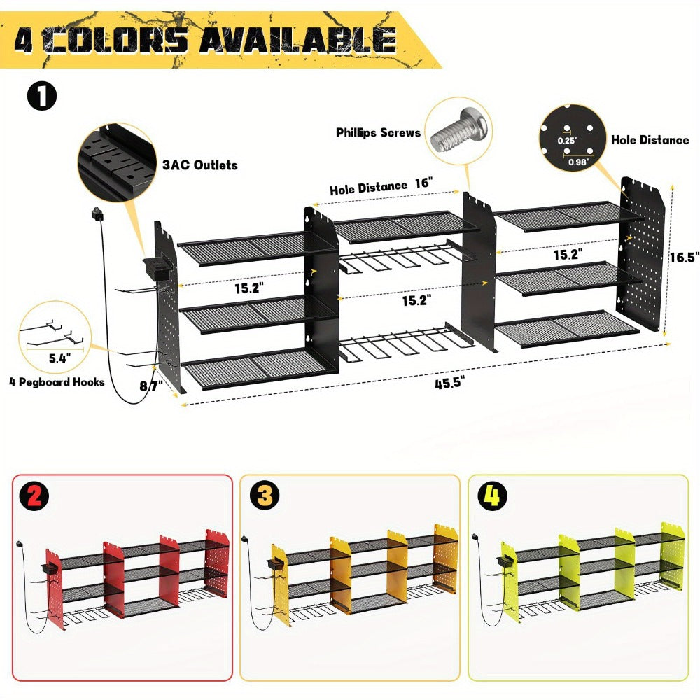 Power Tool Organizer Wall Mount with Charging Station | 3-Layer Cordless Drill Holder Storage Rack 45.5 Inch Heavy Duty ¨C Adjustable Garage Tool Shelf for Workshop & Tool Room