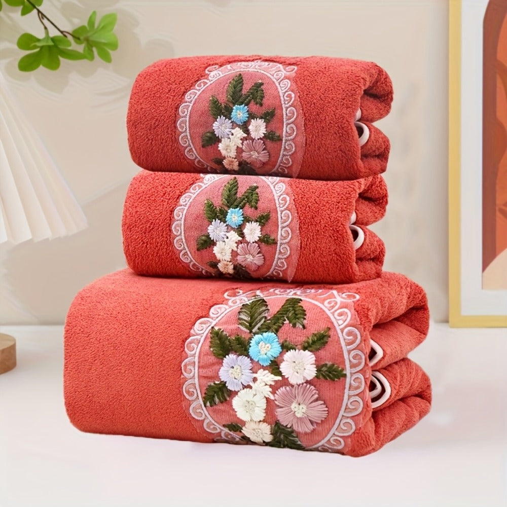 Embroidered Flower Towel Set 3-Piece Soft Absorbent Skin-Friendly Bath Towel and Face Towels for Bathroom Home Bathing Beach