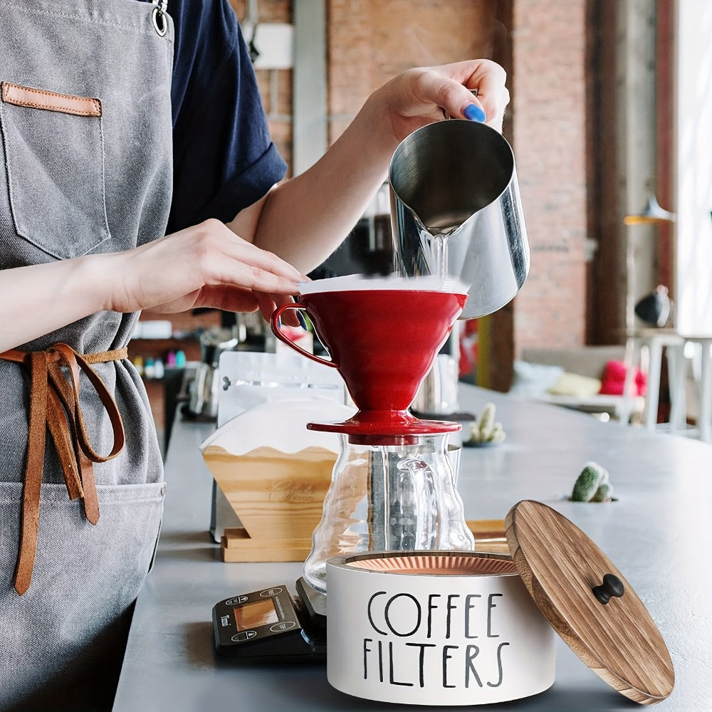 Coffee Filter Holder with Lid Rustic Wooden Storage Box for Coffee Filters and Accessories Farmhouse Style Countertop Organizer Dust-Proof Hardwood Container for Coffee Bar Kitchen Decor