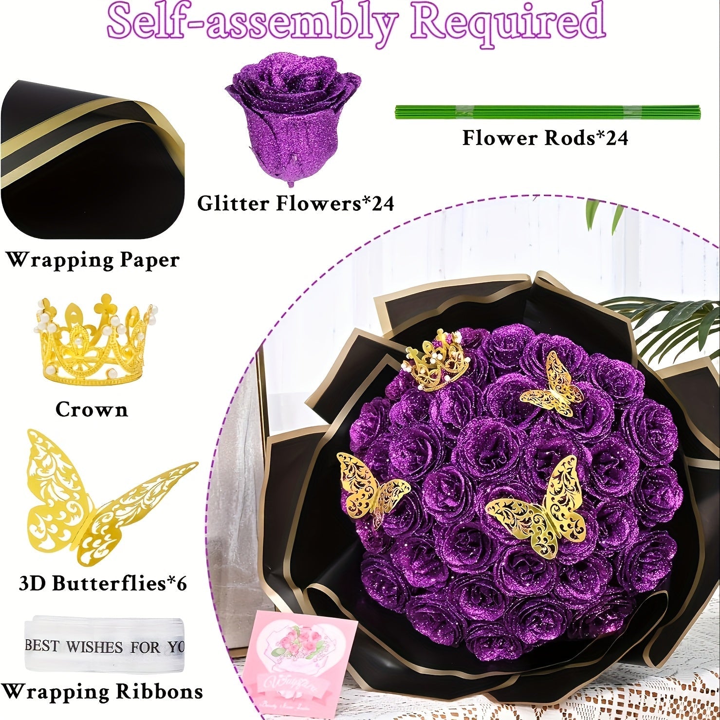 Artificial Rose Bouquet 24 Glitter Roses with 6 Golden Butterflies, Everlasting Shiny Fake Flower Bouquet for Wedding, Anniversary, Engagement & Home Decor | Purple, Red, Pink, Blue