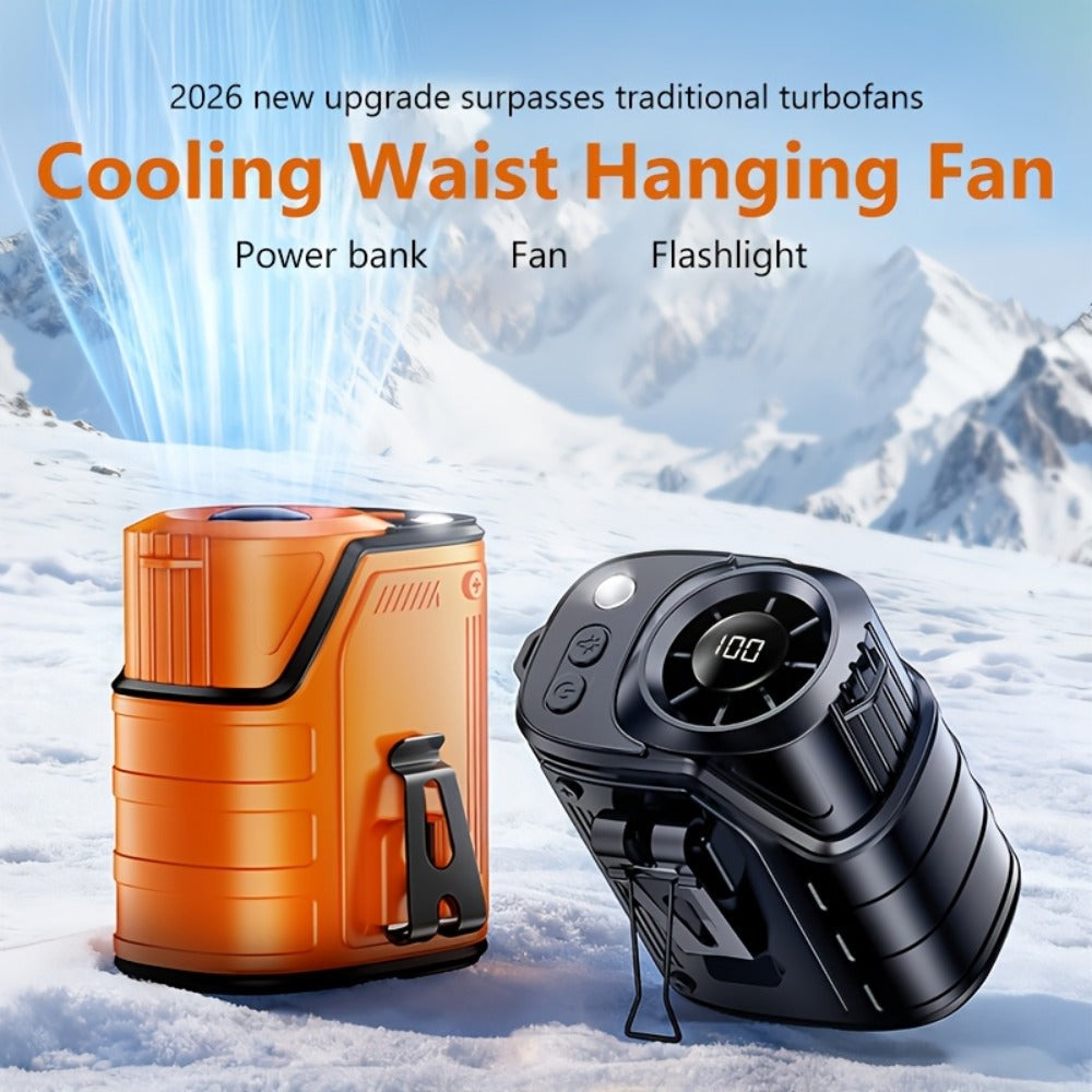 3-in-1 Portable Waist Fan with LED Flashlight & Power Bank | Rechargeable Clip-On Cooling Fan for Outdoor Work, Camping & Construction Sites, 3600mAh Battery, Digital Display