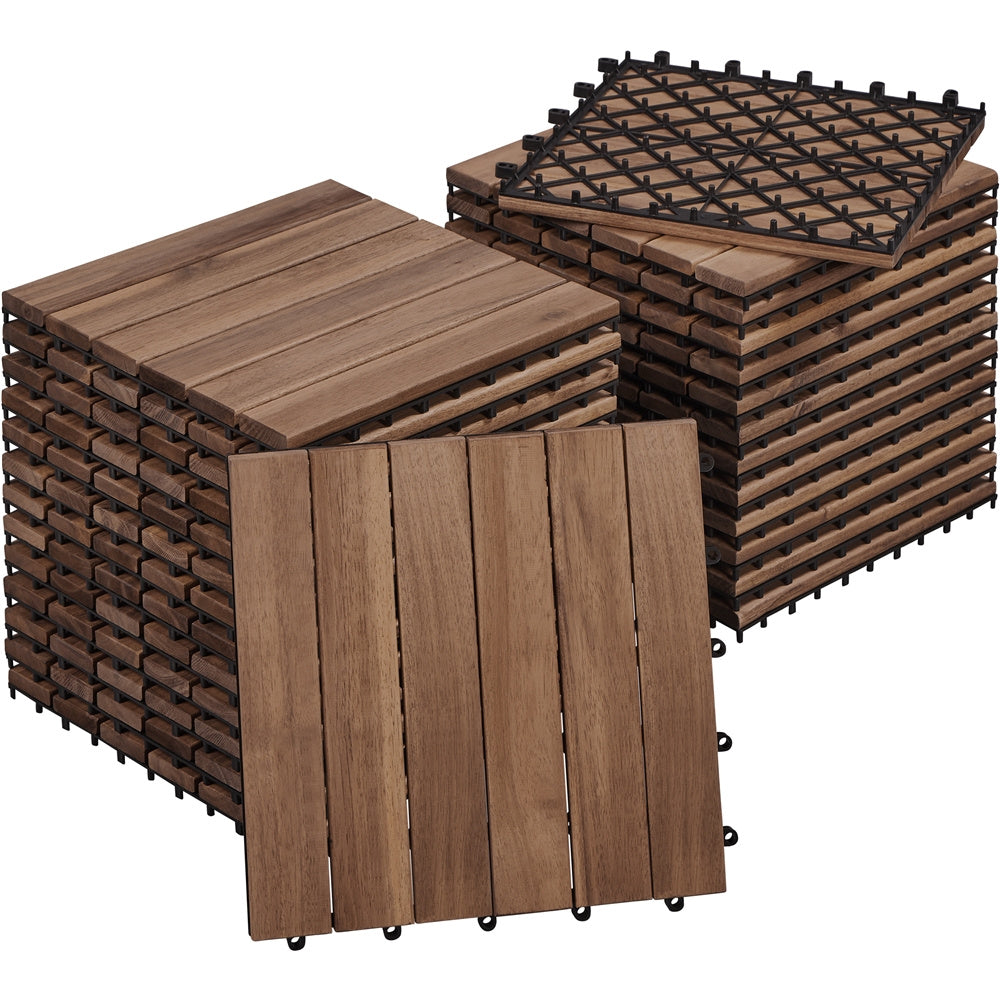 Acacia Wood Deck Tiles Interlocking Outdoor Flooring, Water-Resistant Non-Slip Patio Tiles, Easy Snap DIY Installation for Deck, Garden, Poolside, Balcony ¨C 10pcs & 27pcs Sets Available