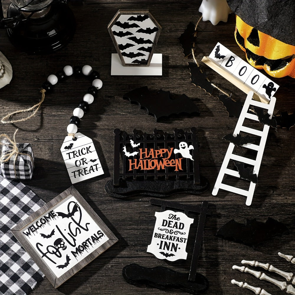 Halloween Tiered Tray Decor Set 14pcs - Bat Wooden Signs Farmhouse Black White Rustic Table Decorations for Kitchen Home Party Supplies