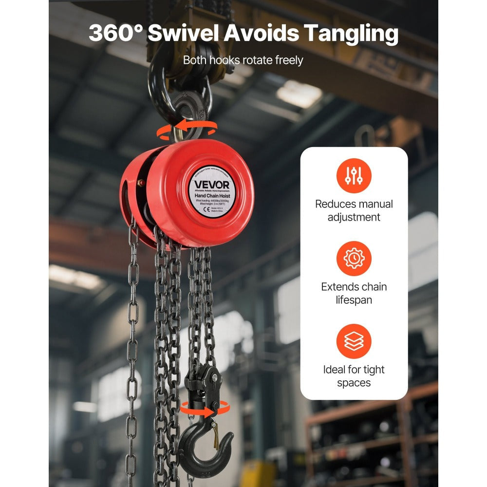 Hand Chain Hoist 2200 lb / 4400 lb Manual Chain Block with G70 Chain ¨C 8 ft / 10 ft / 20 ft Lift Height, 360¡ã Rotating Hooks, Security Brake, for Garage, Construction & Warehouse Lifting
