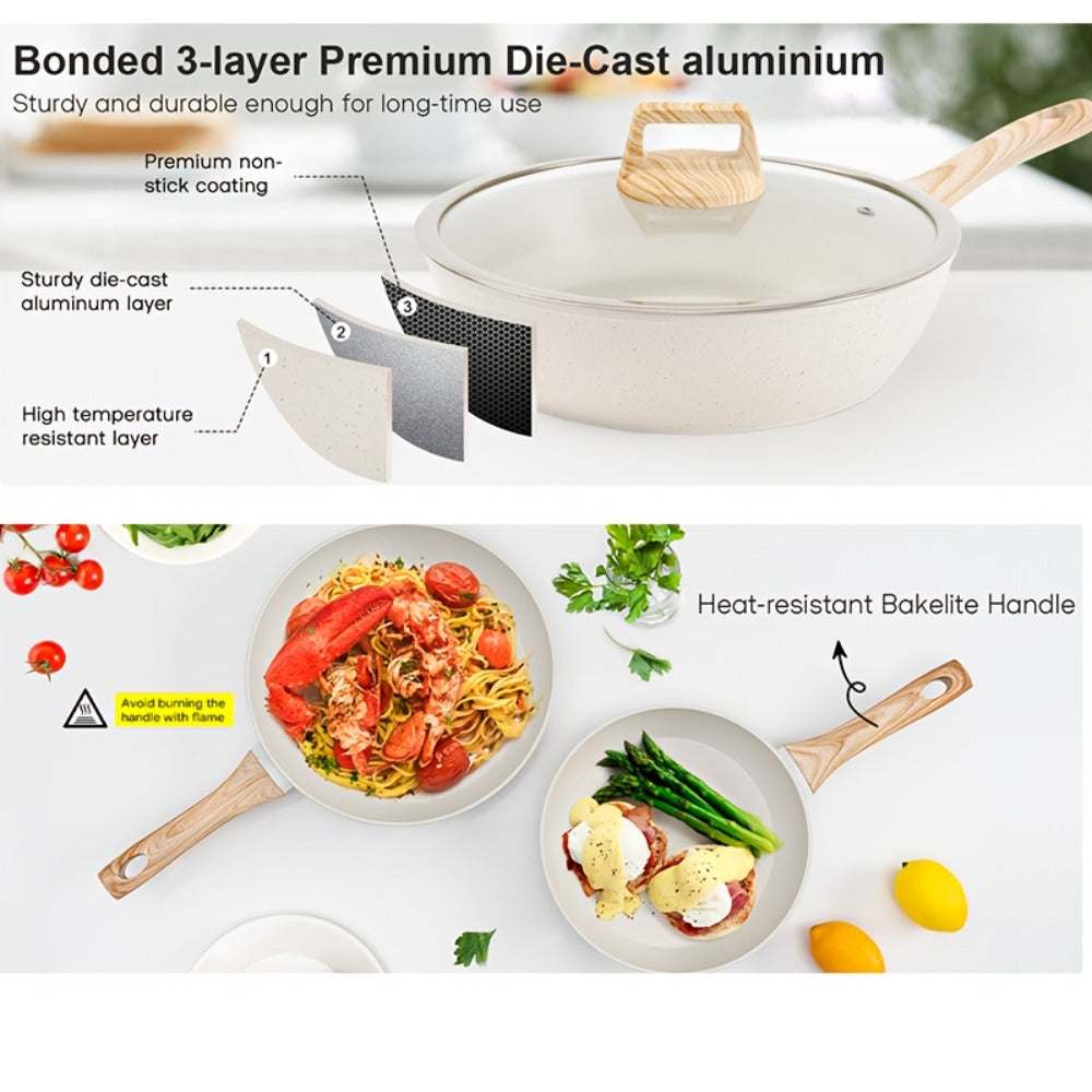 Cookware Set 12 Piece Pots and Pans Set Non-Stick Granite Coating with Frying Pans Casserole Saucepan Glass Lids Pan Protectors Compatible with All Stovetops Including Induction