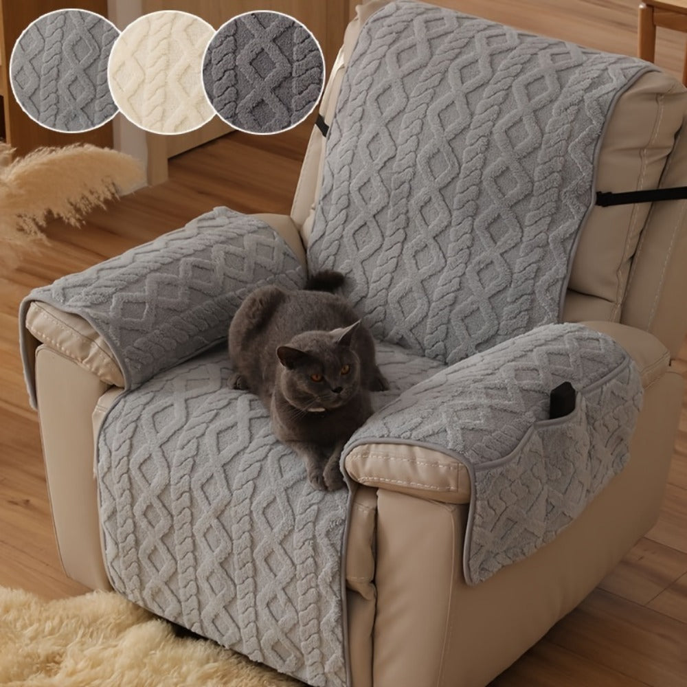 Recliner Cover Shu Velveteen Non-Slip Soft Plush Single Chair Sofa Cover - Pet Scratch Resistant Armchair Protective Slipcover | Deep Gray Light Grey Off White | Bedroom Office Living Room Home Decor