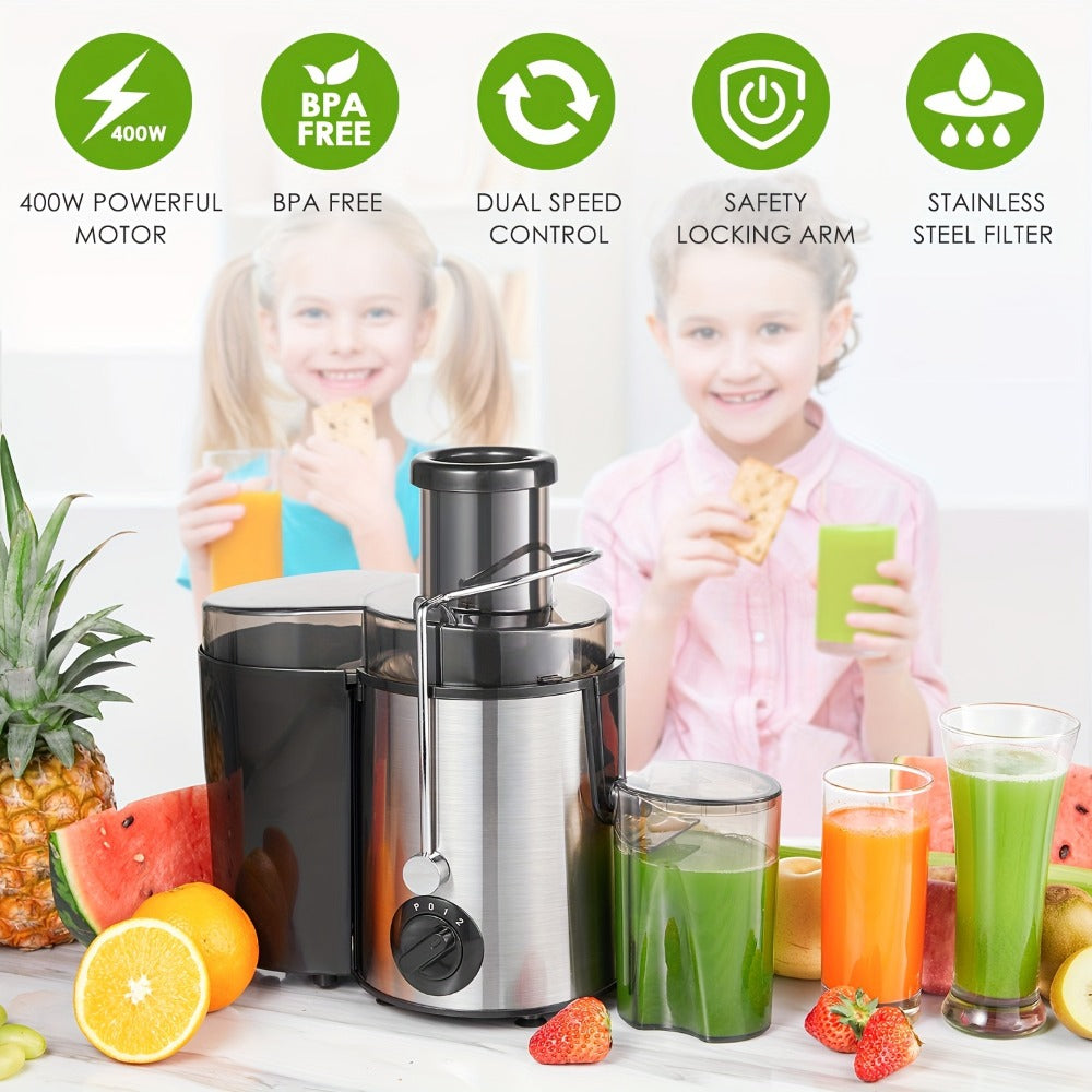 Centrifugal Juicer Machine 400W Wide Mouth Whole Fruit Vegetable Juice Extractor Stainless Steel BPA Free Easy Clean Nonslip Feet Silver