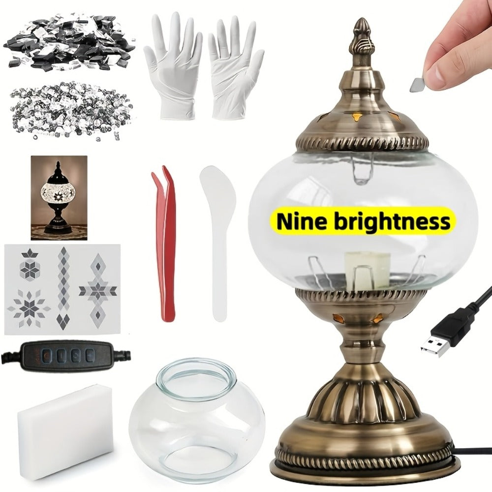 DIY Turkish Moroccan Mosaic Lamp Kit Handmade Glass Metal Brass Dimmable Bohemian Table Light for Bedroom Living Room Office Vintage Boho Decor Gift Multiple Colors 3-Color Adjustable Option