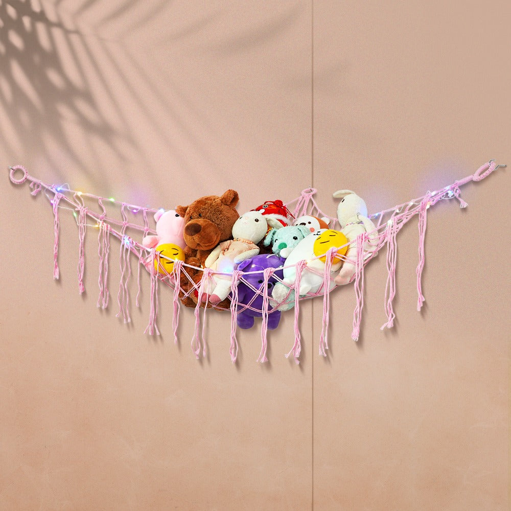 Stuffed Animal Storage Hammock with Lights Corner Hanging Toy Net Organizer for Nursery Bedroom Kids Room Decor Plush Toy Holder Christmas Halloween Easter Gift