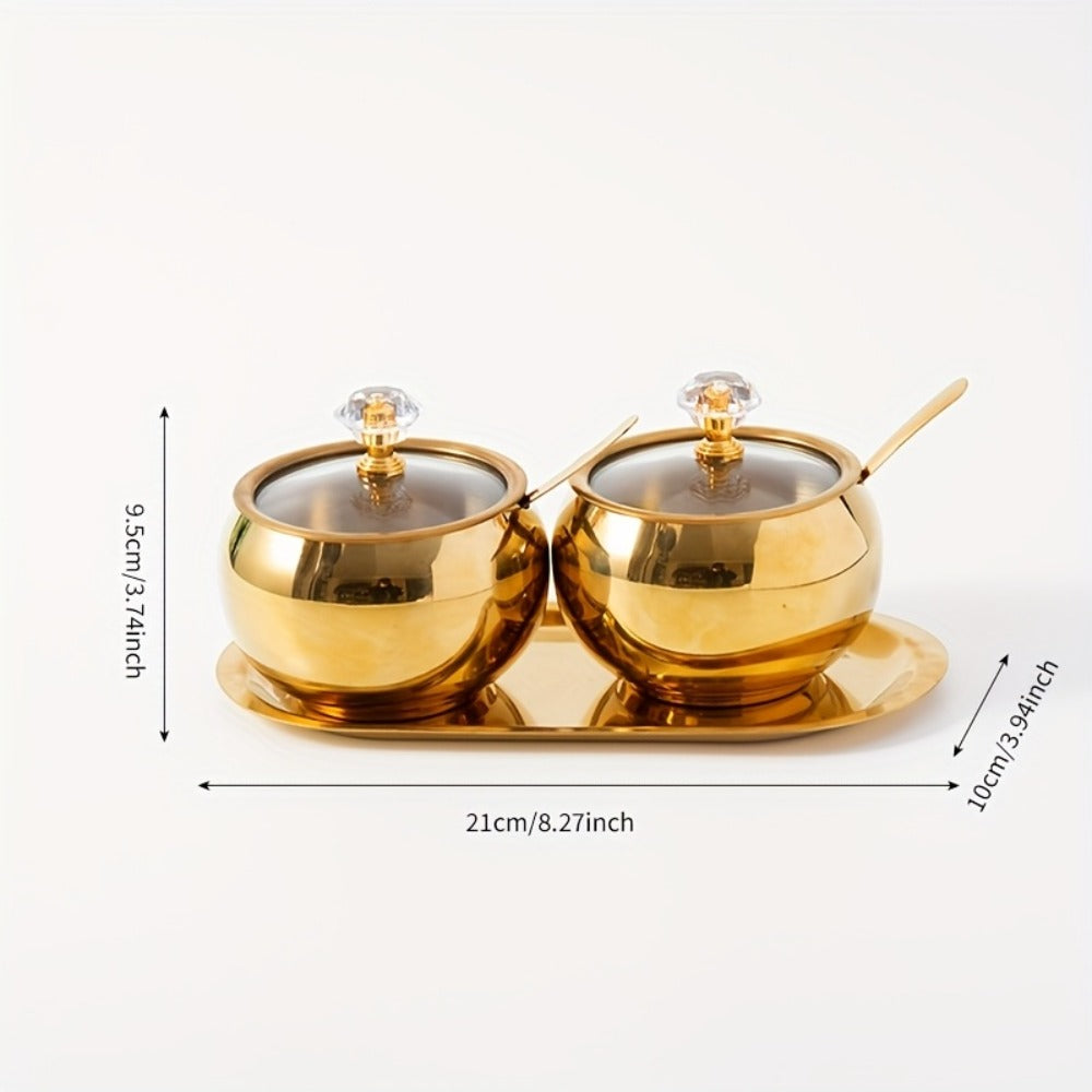 Golden Stainless Steel Seasoning Jar Set 2 or 3pcs Spice Containers with Lid and Spoon Serving Tray for Pepper Salt Spices Candy Coffee Beans Kitchen Organizer