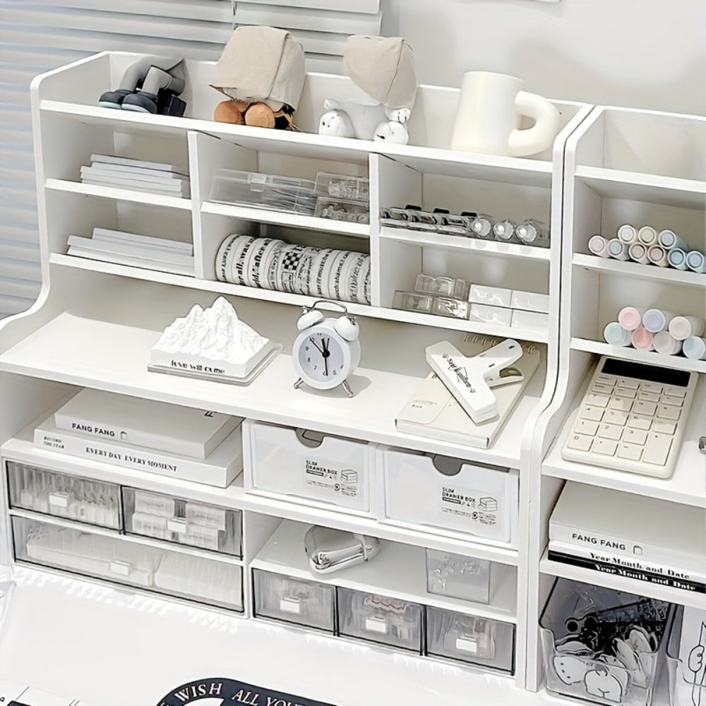 6-Layer Desktop Storage Rack Desk Organizer with File Holder Pen Holder Space-Saving Office Organizer Matte White PVC Stationery Cosmetics Dormitory Bookshelf Partition Box Multiple Sizes