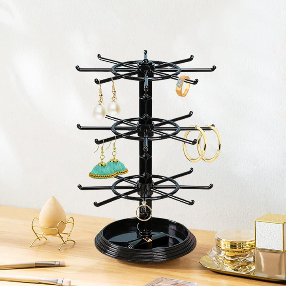 Rotating Jewelry Stand 2-Tier Black ¨C Necklace Bracelet Earring Organizer Display Rack, Plastic Hanging Jewelry Tower for Dressing Table Counter, Keychain Holder, No Electricity Needed