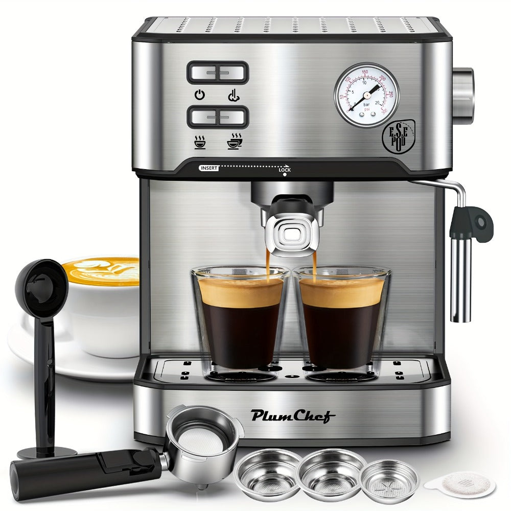 20 Bar Espresso Machine 950W ¨C Stainless Steel Espresso & Cappuccino Latte Maker with Steam Wand Milk Frother, 49.03oz Water Tank, ESE Pod Filter, Home Barista Coffee Machine ¨C Black, Pressure Gauge